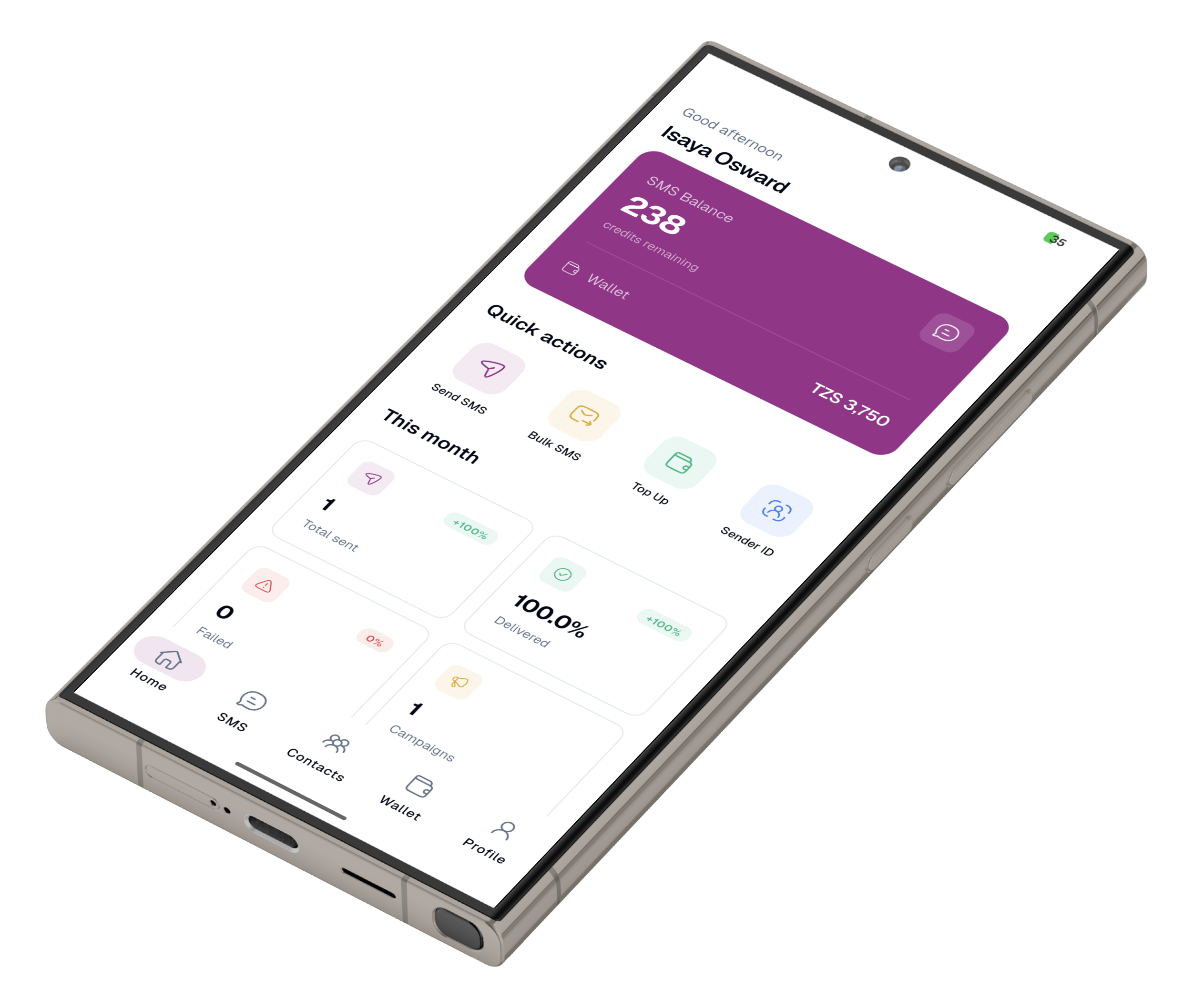 eHUB SMS mobile app dashboard